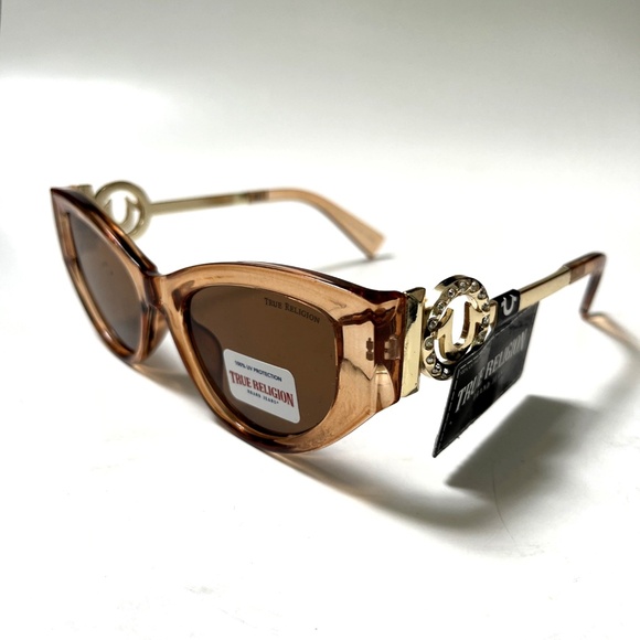 New Original TRUE RELIGION Cat Eye Sunglasses Clear Acetate Gold Logo Rhinestone main image 6